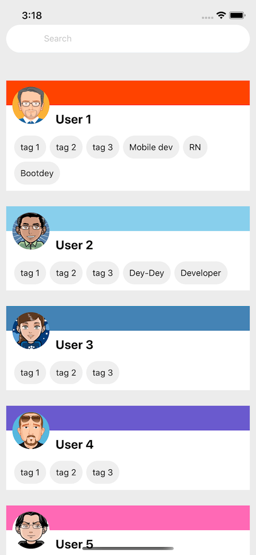 React native template. simple profile list ui example