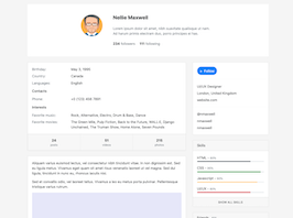 Bootstrap example and template. profile with info skills and friends